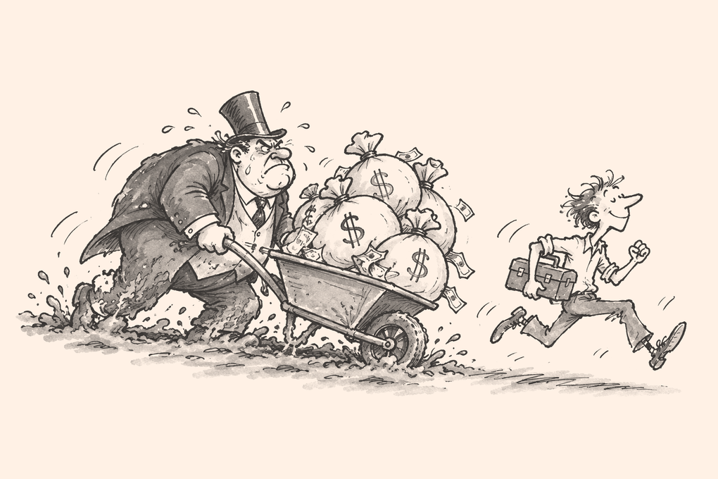 A wiry man with a toolbox sprints past a sweating, top-hatted giant stuck dragging a wheelbarrow of money sacks.