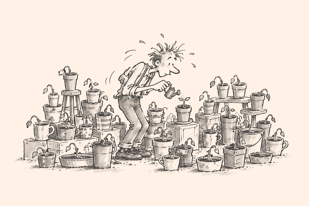 A frazzled gardener surrounded by dozens of mismatched pots of seedlings, watering one sprout with a tiny can while the rest droop.