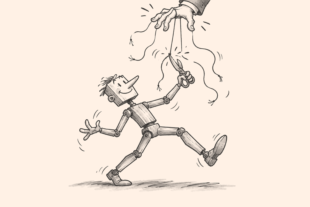 A grinning wooden puppet snips its own strings with scissors while the puppeteer’s hand hangs above in alarm.